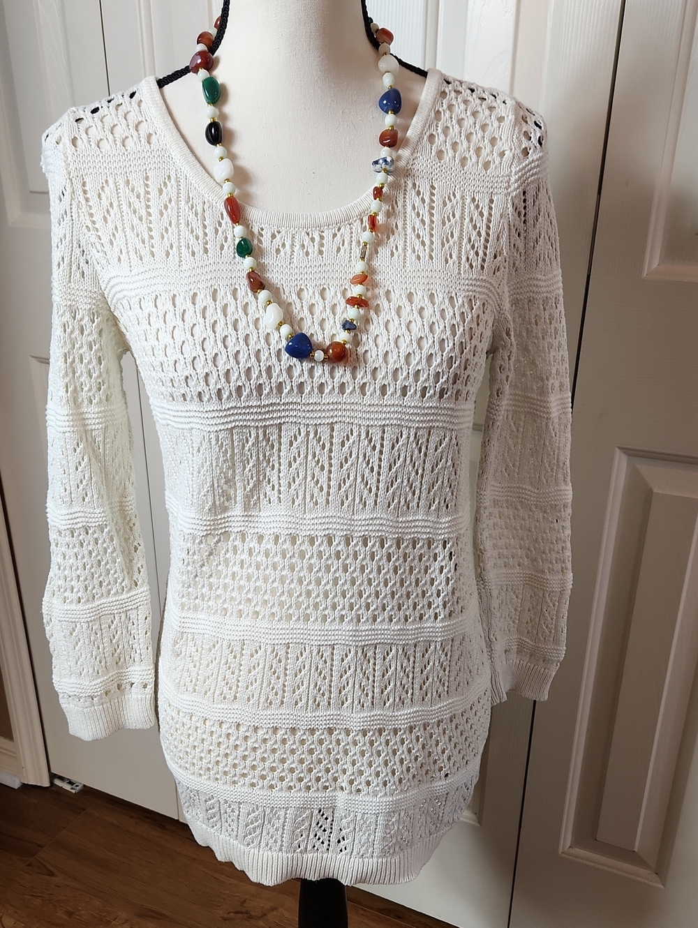 LOFT White Open-Knit Long-Sleeve Sweater